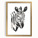 Framed wall art featuring a striking zebra design on a white background, encased in a gold frame with a mat, ideal for enhancing modern decor. The artwork captures the essence of wildlife, adding a touch of elegance to any room.