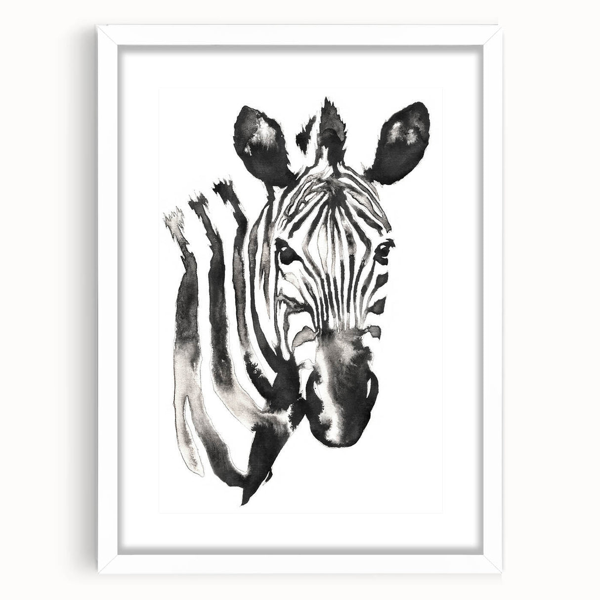 Framed wall art featuring a striking zebra design, set against a white mat and frame, showcasing a modern and elegant decor style for animal lovers.