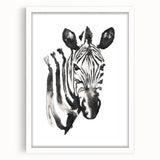 Framed wall art featuring a striking zebra design, set against a white mat and frame, showcasing a modern and elegant decor style for animal lovers.