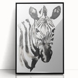 Framed wall art featuring a striking black and white zebra design, showcasing intricate details and textures, perfect for enhancing modern home decor.
