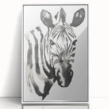 Framed acrylic wall art featuring a striking zebra design in a white frame, showcasing vibrant black and white stripes, perfect for animal-themed decor.