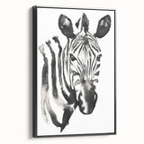 Framed canvas wall art featuring a striking black and white zebra design from the Animals A Wild Life collection, set against a sleek black frame, ideal for modern decor.