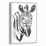 Framed canvas wall art featuring a striking zebra design, showcasing a black and white color palette, ideal for wildlife-themed decor in modern interiors.