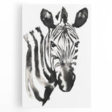 Zebra design wall art on stretched canvas, showcasing bold black and white stripes against a vibrant background, perfect for animal lovers and contemporary decor.
