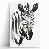 Stretched canvas wall art featuring a striking zebra design, showcasing bold black and white stripes, ideal for modern home decor in a vibrant living space.