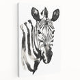 Stretched canvas wall art featuring a vibrant zebra design in a wild landscape, showcasing intricate patterns and bold colors, perfect for modern decor.