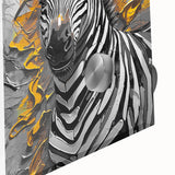 Close-up of a striking zebra wall art design on acrylic glass, showcasing bold black and white stripes, perfect for wildlife decor in modern interiors.