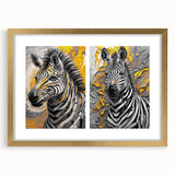 Framed wall art featuring a stunning zebra design in gold accents, showcasing a modern aesthetic with a mat finish, perfect for wildlife-themed decor.