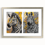 Framed wall art showcasing a striking zebra design in vibrant black and white, set in a sleek silver frame with a mat, perfect for animal-themed decor.