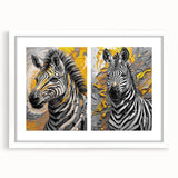 Zebra-themed wall art print in a white frame with mat, showcasing a striking black and white design, ideal for animal lovers and modern decor enthusiasts.