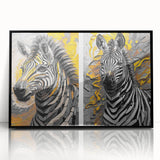 Framed acrylic wall art featuring a striking zebra design, showcasing bold black and white stripes; perfect for modern home decor or wildlife enthusiasts.