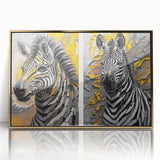 Framed wall art featuring a striking zebra design in gold tones, perfect for adding a touch of wildlife elegance to modern decor. Ideal for animal lovers and home styling.