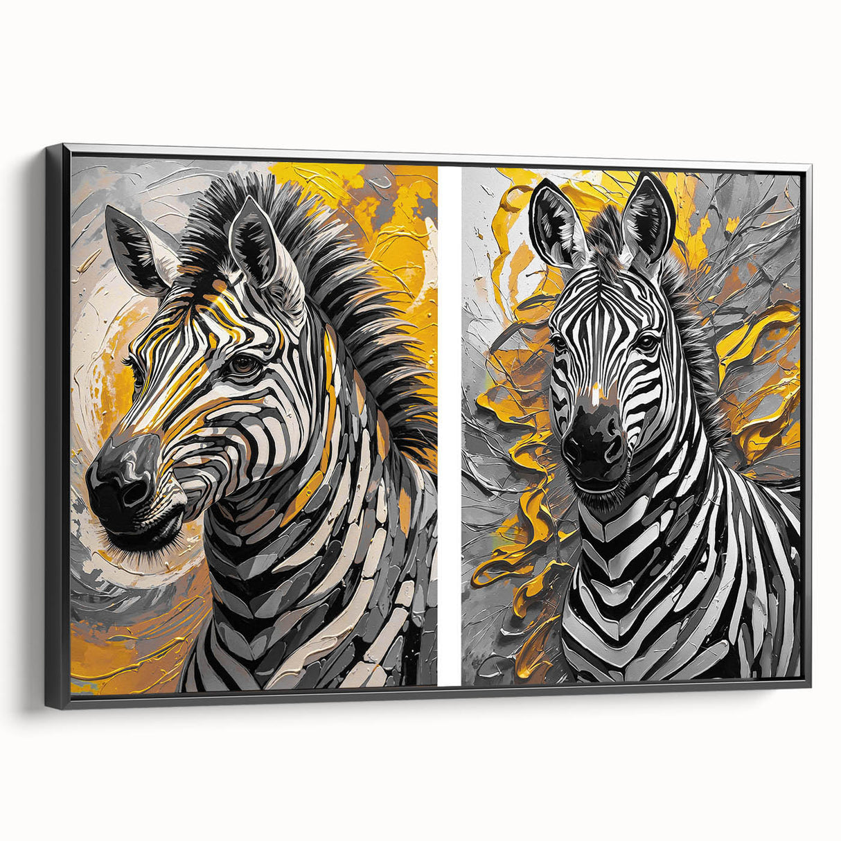 Framed wall art showcasing a striking black and white zebra design on canvas, highlighting the animal's unique stripes and textures, perfect for modern decor.