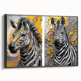 Framed wall art showcasing a striking black and white zebra design on canvas, highlighting the animal's unique stripes and textures, perfect for modern decor.