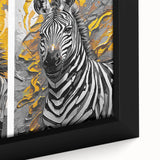 Close-up of a framed canvas featuring a striking zebra design from the "Animals: A Wild Life" collection, showcasing intricate details and vibrant colors, perfect for enhancing any wildlife-themed decor.