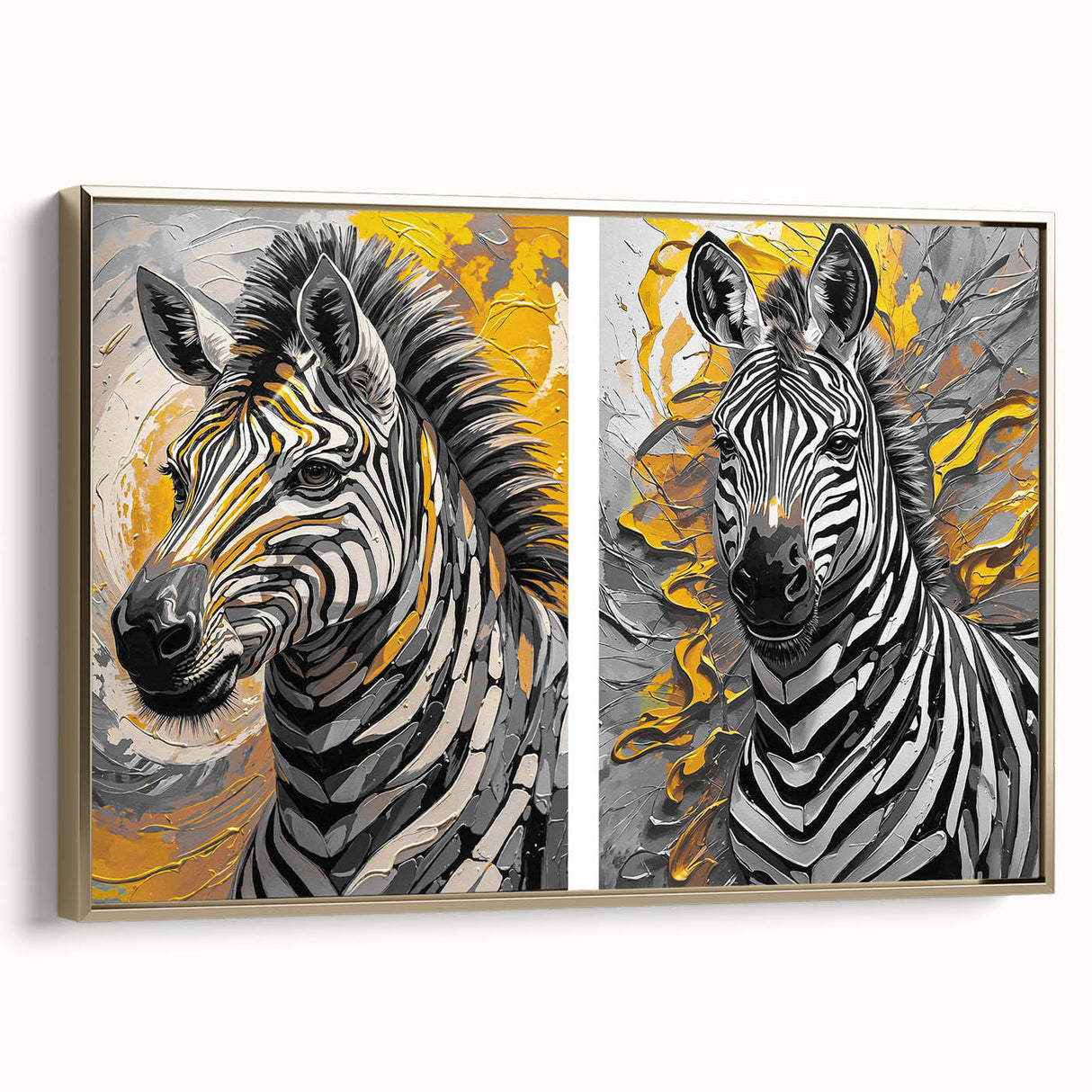 Framed canvas wall art showcasing a striking zebra design in black and white, accented with gold, ideal for modern home decor. Perfect for animal lovers and art enthusiasts.