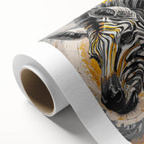Zebra-themed rolled canvas wall art showcasing a vibrant black and white design, perfect for wildlife enthusiasts and home decor, presented in protective packaging.