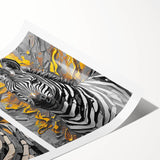 Zebra wall art print featuring a vibrant black and white design, perfect for adding a touch of wildlife elegance to home decor. Ideal for nature enthusiasts.
