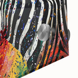 Close-up of a vibrant zebra wall art design showcasing intricate black and white stripes, perfect for adding a wild touch to modern decor, displayed in acrylic glass.