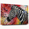 Close-up of a sleek acrylic wall art piece featuring a vivid zebra design in a modern side view, showcasing intricate details and vibrant colors, perfect for wildlife enthusiasts.