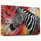Close-up of a sleek acrylic wall art piece featuring a vivid zebra design in a modern side view, showcasing intricate details and vibrant colors, perfect for wildlife enthusiasts.