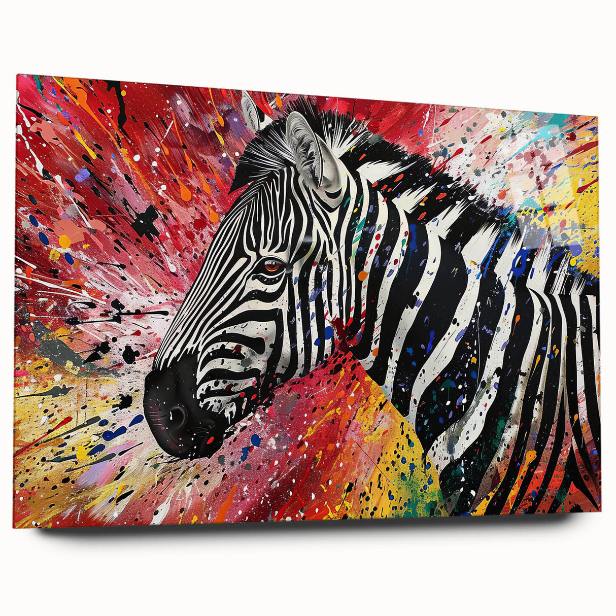 Side view of a stunning zebra design wall art piece, featuring vibrant black and white stripes on acrylic glass, perfect for modern home decor.
