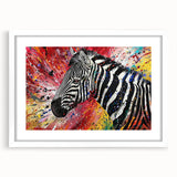 Framed wall art featuring a striking zebra design from the "Animals A Wild Life" collection, set against a white mat. Perfect for enhancing modern decor and animal-themed interiors.