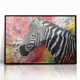 Framed wall art featuring a striking black and white zebra design set against a sleek black background, perfect for modern home decor and wildlife enthusiasts.