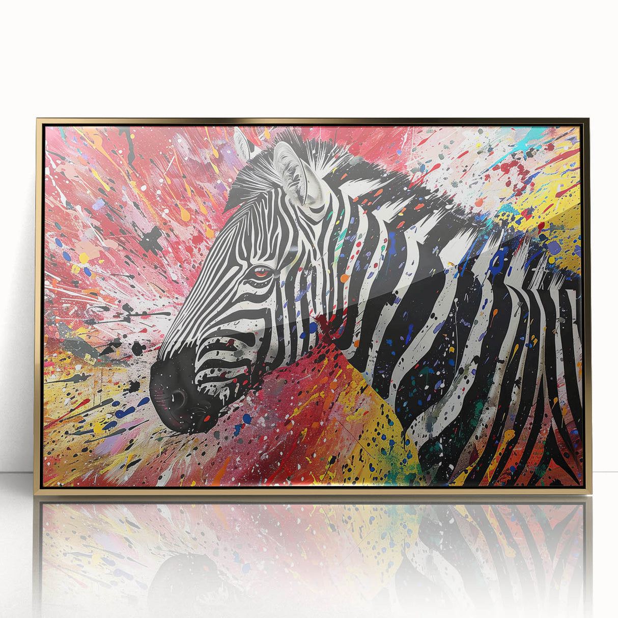 Framed wall art featuring a striking zebra design with gold accents, showcasing a modern wildlife theme. Ideal for adding an elegant touch to home decor.