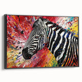 Framed canvas wall art showcasing a striking zebra design in black and white, perfect for adding a touch of wildlife elegance to modern decor.