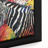 Close-up of a framed canvas wall art featuring a striking zebra design, showcasing intricate details and vibrant black and white stripes, perfect for wildlife decor.