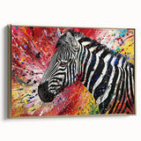 Framed wall art featuring a striking zebra design in black and white, set against a gold background, perfect for adding a touch of wildlife elegance to home decor.