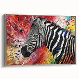Framed canvas wall art showcasing a striking zebra design in silver, highlighting intricate details and vibrant patterns, perfect for modern wildlife decor.