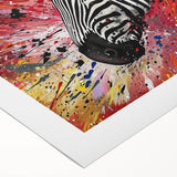 Zebra design wall art on rolled canvas showcasing intricate black and white stripes, perfect for adding a touch of wildlife elegance to home decor.