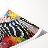 Zebra design wall art print showcasing vibrant black and white stripes on a textured surface, rolled and ready for display in home decor settings.