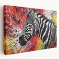 Stretched canvas wall art showcasing a vibrant zebra design with bold black and white stripes, ideal for adding a striking focal point to modern decor.