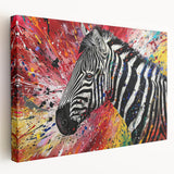 Stretched canvas wall art showcasing a vibrant zebra design with bold black and white stripes, ideal for adding a striking focal point to modern decor.