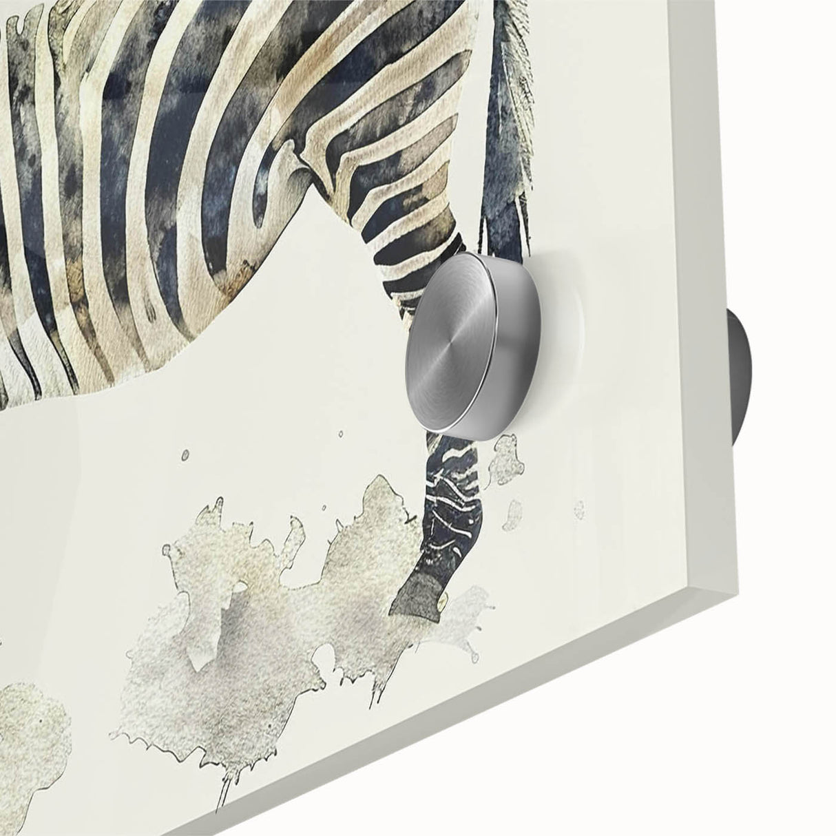 Close-up of a vibrant zebra design wall art piece, showcasing detailed black and white stripes on acrylic glass, perfect for modern decor in wildlife-themed interiors.
