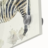 Close-up of a vibrant zebra wall art design, showcasing intricate black and white stripes on acrylic glass, perfect for modern wildlife decor.