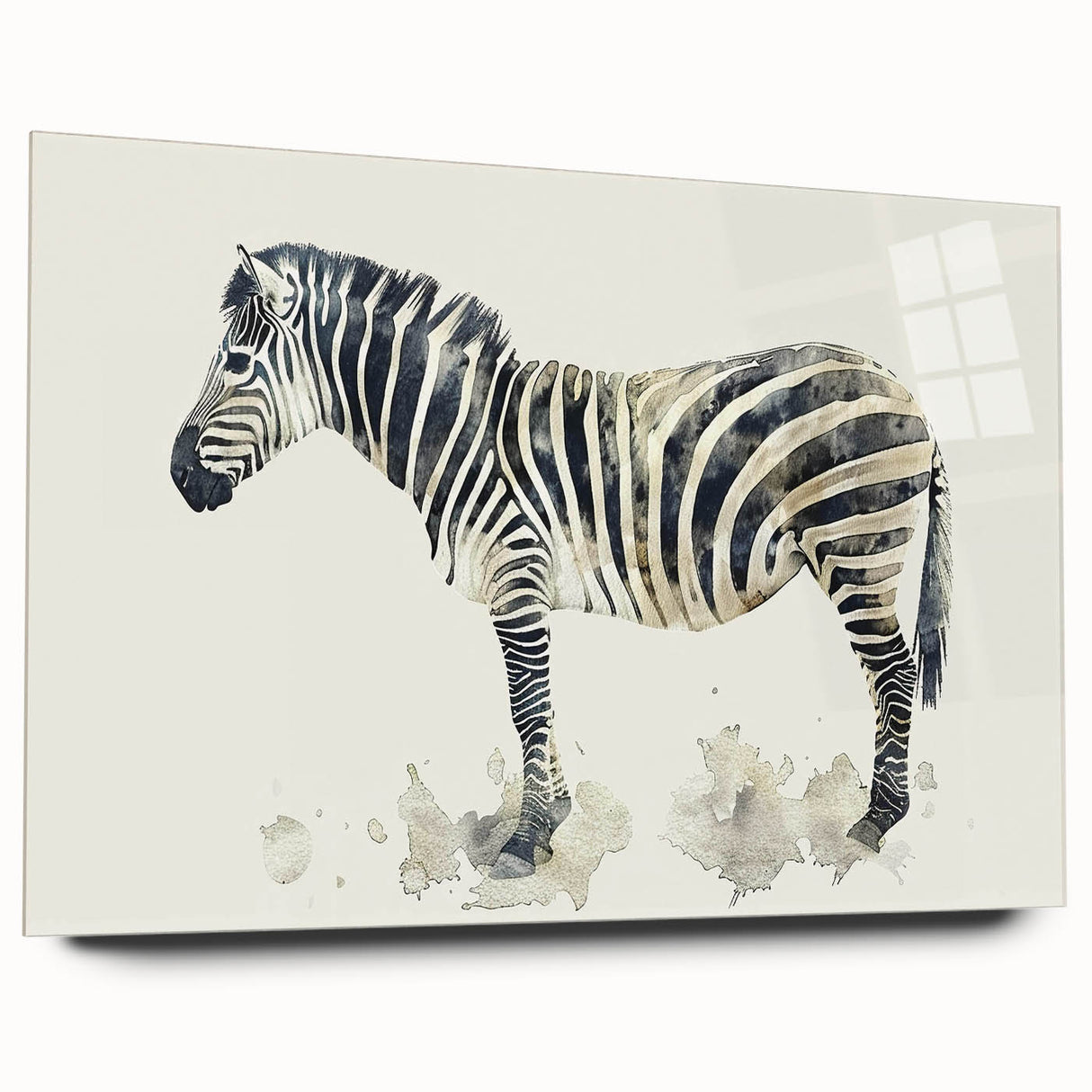 Side view of a vibrant zebra design in an acrylic glass frame, showcasing detailed black and white stripes, part of a 12-piece wildlife wall art collection.