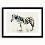Framed wall art featuring a striking zebra design in black and white, showcasing intricate details and textures, ideal for animal-themed decor.