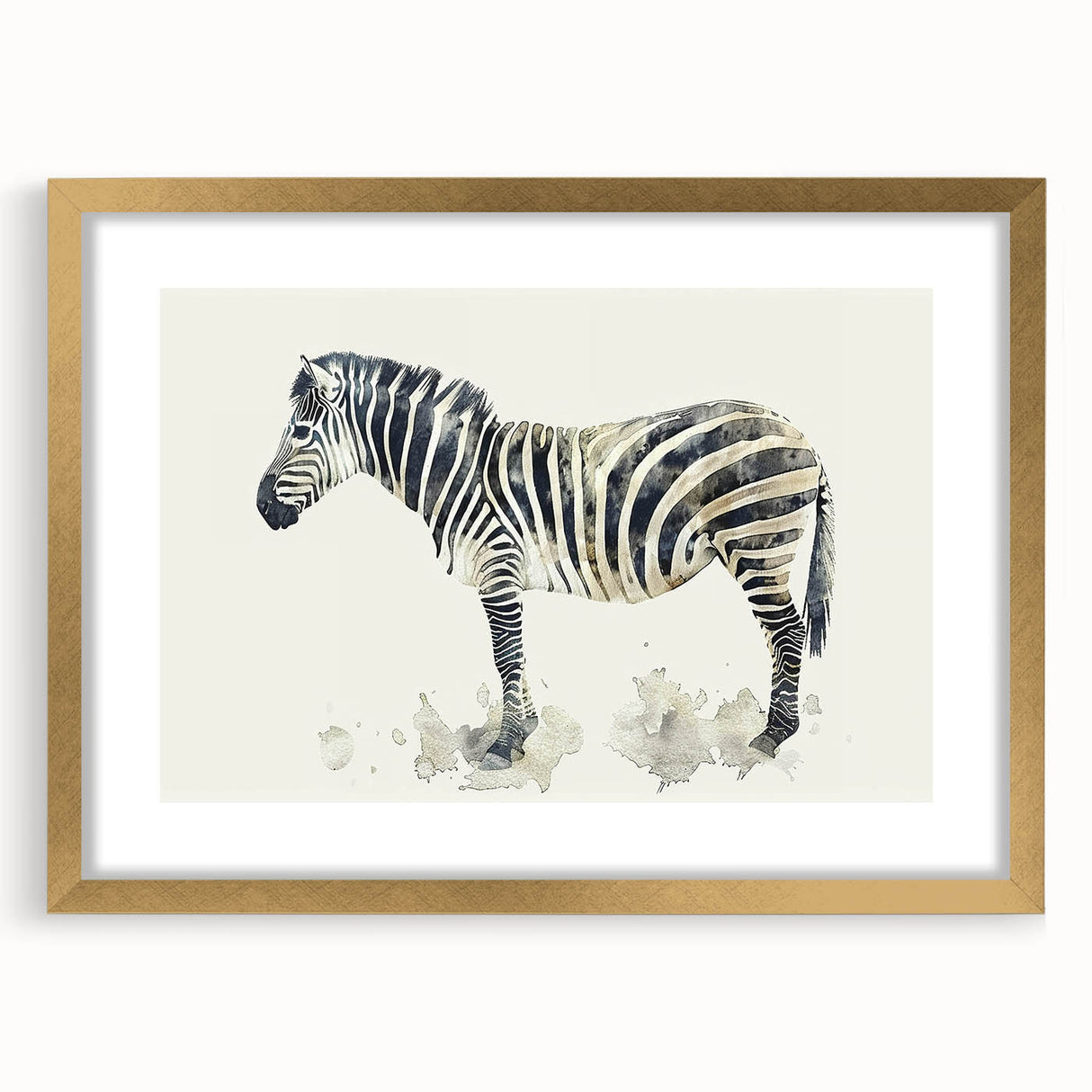 Zebra-themed wall art framed in gold, showcasing intricate black and white stripes, perfect for adding a wild touch to home decor. Ideal for animal lovers.