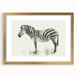 Zebra-themed wall art framed in gold, showcasing intricate black and white stripes, perfect for adding a wild touch to home decor. Ideal for animal lovers.