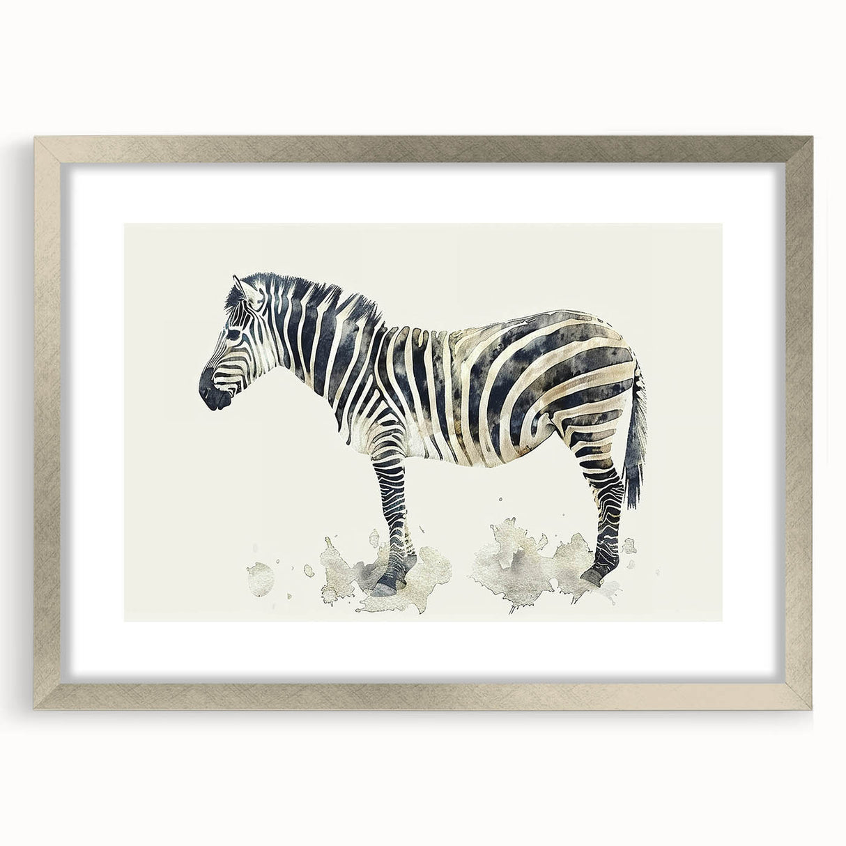 Zebra print wall art framed in silver with a white mat, featuring a stylish design that adds a modern touch to home decor, perfect for animal lovers.