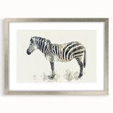 Zebra print wall art framed in silver with a white mat, featuring a stylish design that adds a modern touch to home decor, perfect for animal lovers.
