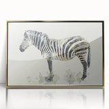 Framed wall art featuring a striking zebra design in black and white, accented with a gold border, ideal for modern home decor and wildlife enthusiasts.