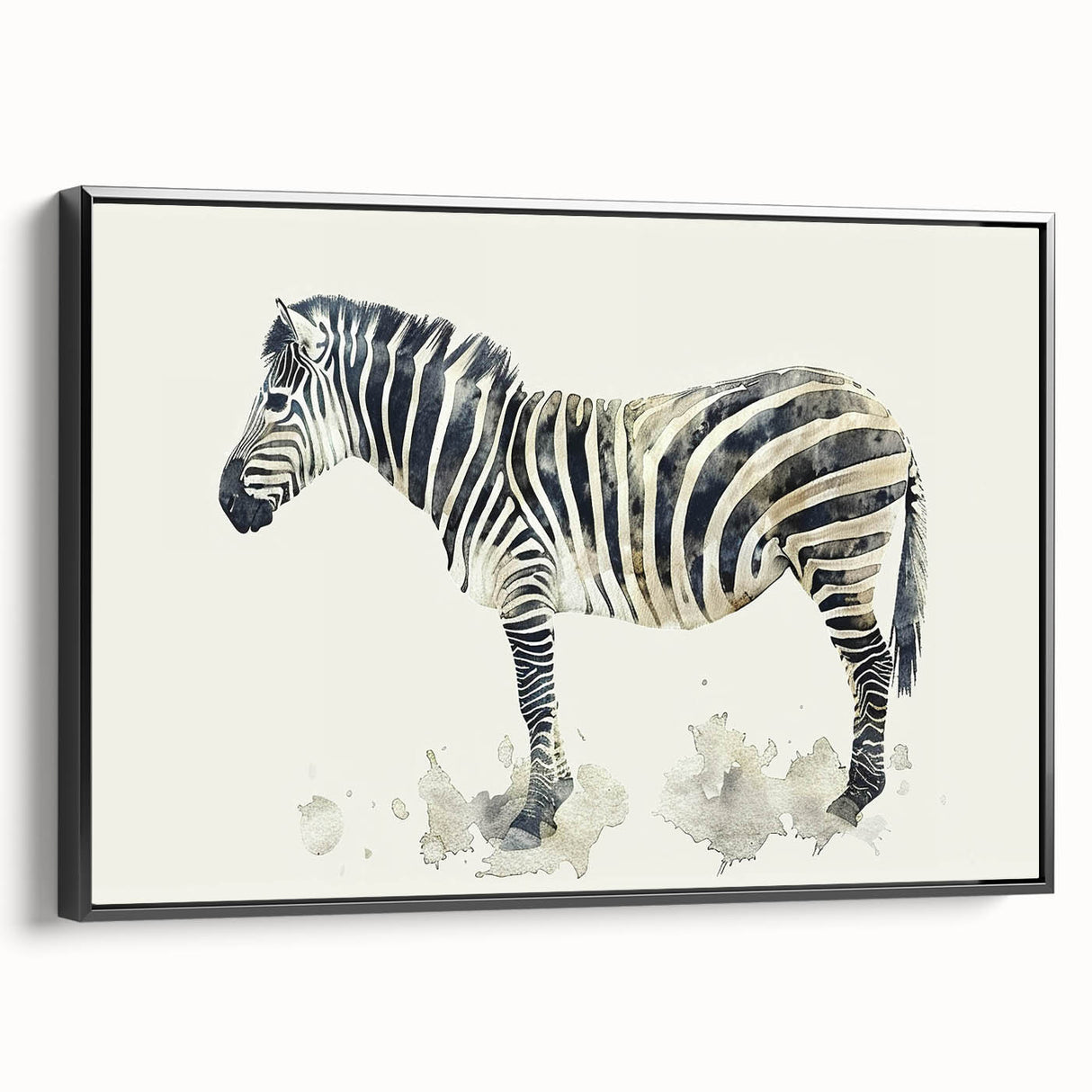 Framed canvas wall art featuring a striking zebra design in black and white, showcasing intricate details and textures, ideal for animal lovers and home decor enthusiasts. The artwork is set against a sleek black frame, enhancing its visual appeal and making it a perfect addition to contemporary interiors or wildlife-themed spaces.