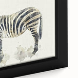 Close-up of a framed canvas featuring a vibrant zebra design, showcasing bold black and white stripes, ideal for animal-themed decor in homes or offices.