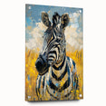 Acrylic glass wall art featuring a striking zebra design in vibrant black and white, displayed from a side view with mounting pins for easy installation. Ideal for animal-themed decor or wildlife enthusiasts.