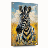 Acrylic glass wall art featuring a striking zebra design in vibrant black and white, displayed from a side view with mounting pins for easy installation. Ideal for animal-themed decor or wildlife enthusiasts.